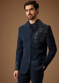Navy Blue Embroidered Tuxedo Set