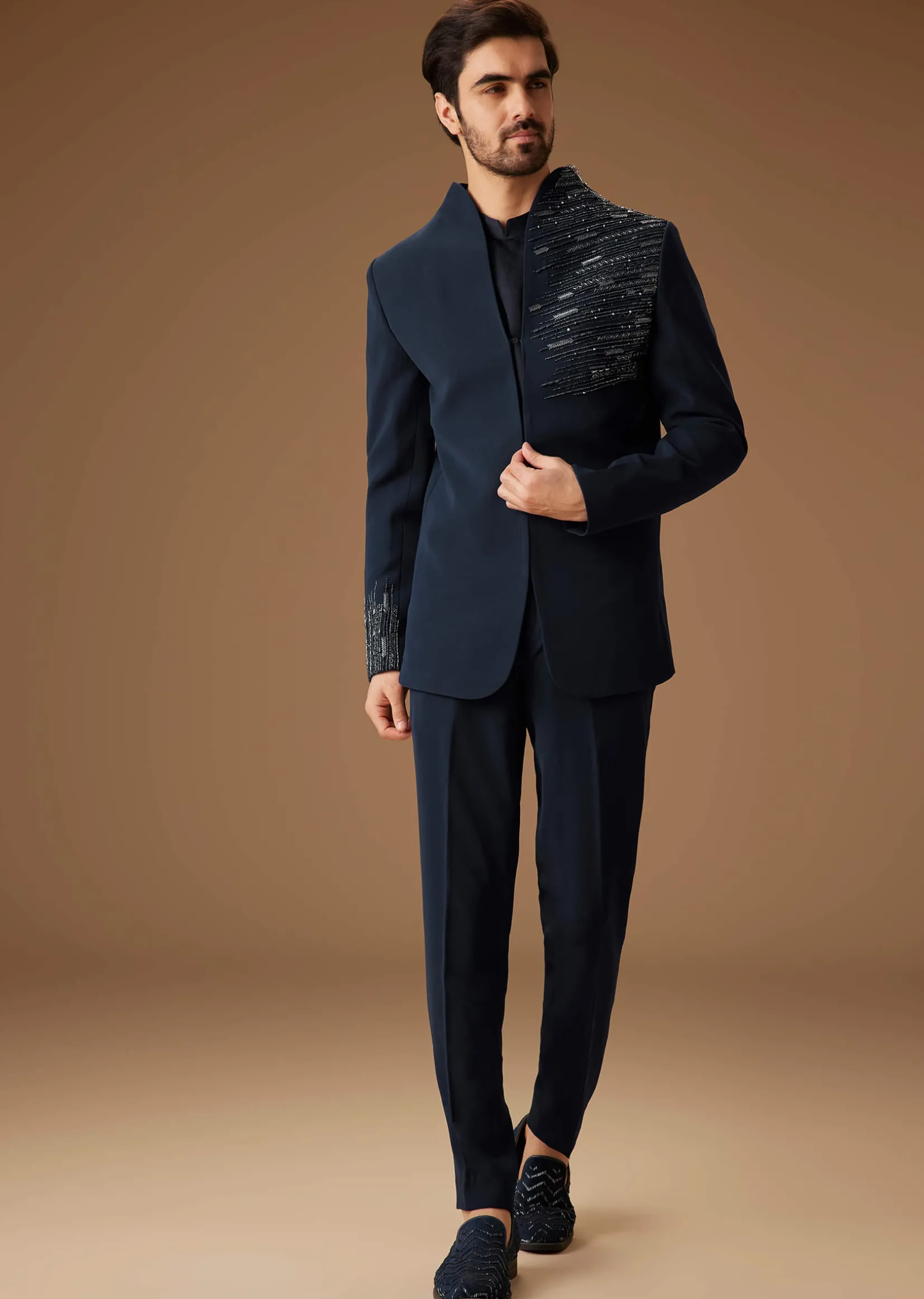Navy Blue Embroidered Tuxedo Set