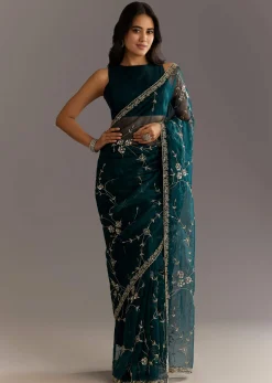 Navy Blue Floral Jaal Embroidered Tissue Saree With Cutdana And Sequins