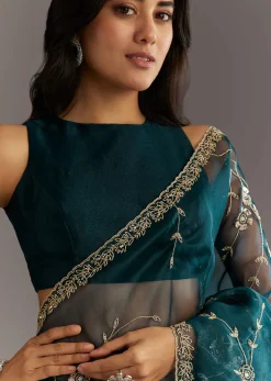 Navy Blue Floral Jaal Embroidered Tissue Saree With Cutdana And Sequins