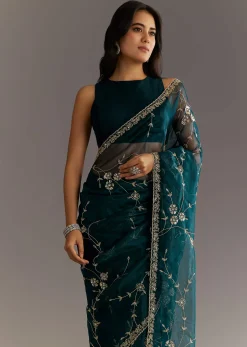Navy Blue Floral Jaal Embroidered Tissue Saree With Cutdana And Sequins