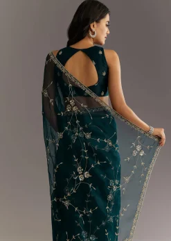 Navy Blue Floral Jaal Embroidered Tissue Saree With Cutdana And Sequins