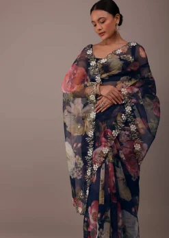 Navy blue Floral Printed Saree In Organza With Cut Dana Embroidery