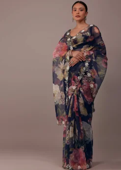 Navy blue Floral Printed Saree In Organza With Cut Dana Embroidery