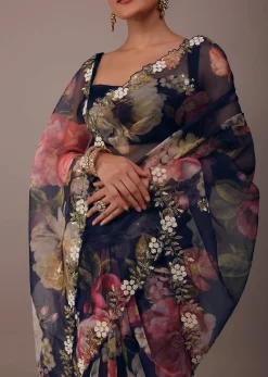 Navy blue Floral Printed Saree In Organza With Cut Dana Embroidery