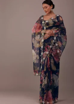 Navy blue Floral Printed Saree In Organza With Cut Dana Embroidery
