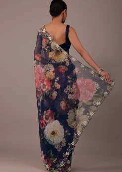 Navy blue Floral Printed Saree In Organza With Cut Dana Embroidery
