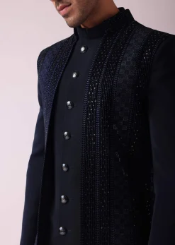 Navy Blue Geometric Patterned Achkan Style Indo Western Set