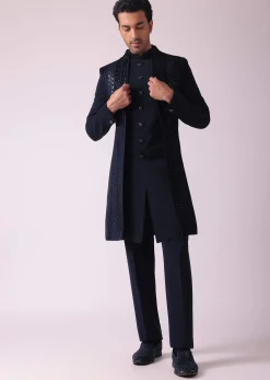 Navy Blue Geometric Patterned Achkan Style Indo Western Set