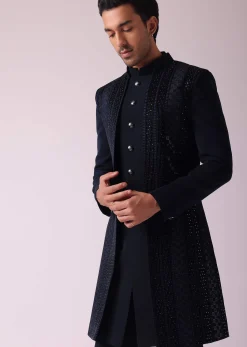 Navy Blue Geometric Patterned Achkan Style Indo Western Set
