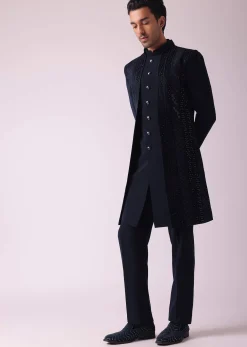 Navy Blue Geometric Patterned Achkan Style Indo Western Set