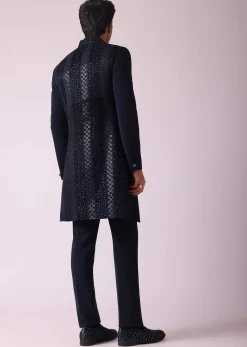 Navy Blue Geometric Patterned Achkan Style Indo Western Set
