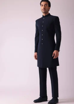 Navy Blue Geometric Patterned Achkan Style Indo Western Set