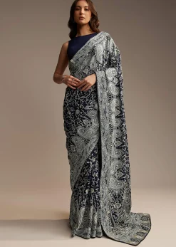 Navy Blue Georgette Saree with Heavy Floral Embroidery
