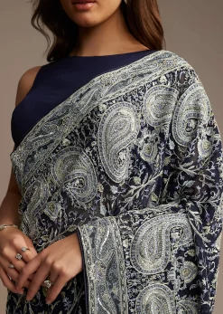 Navy Blue Georgette Saree with Heavy Floral Embroidery