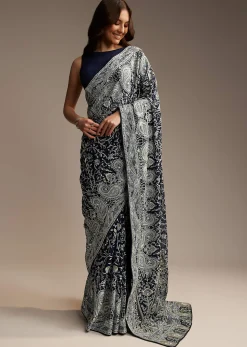 Navy Blue Georgette Saree with Heavy Floral Embroidery
