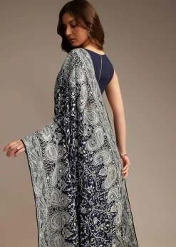 Navy Blue Georgette Saree with Heavy Floral Embroidery