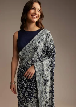 Navy Blue Georgette Saree with Heavy Floral Embroidery