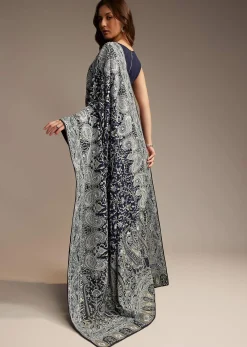 Navy Blue Georgette Saree with Heavy Floral Embroidery