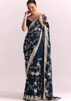 Navy Blue Georgette Saree With Parsi Gara Thread Embroidery