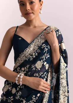 Navy Blue Georgette Saree With Parsi Gara Thread Embroidery