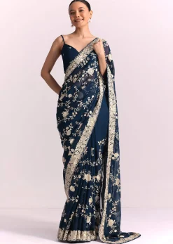 Navy Blue Georgette Saree With Parsi Gara Thread Embroidery
