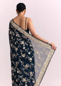 Navy Blue Georgette Saree With Parsi Gara Thread Embroidery