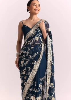 Navy Blue Georgette Saree With Parsi Gara Thread Embroidery