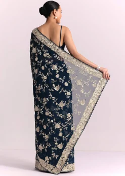 Navy Blue Georgette Saree With Parsi Gara Thread Embroidery