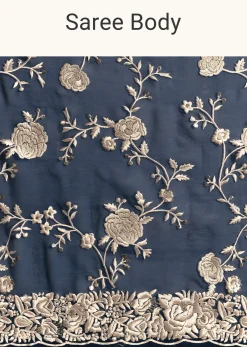 Navy Blue Georgette Saree With Parsi Gara Thread Embroidery