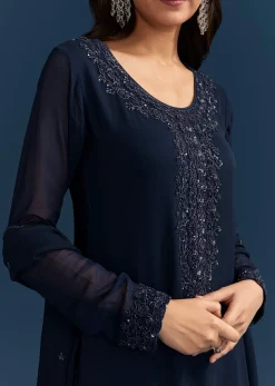 Navy Blue Georgette Sharara Suit With Embroidered Kurta And Dupatta