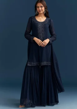 Navy Blue Georgette Sharara Suit With Embroidered Kurta And Dupatta