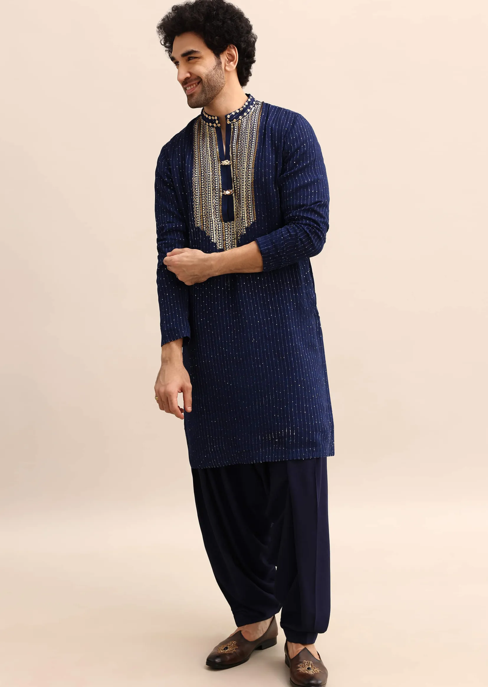 Navy Blue Gold Coin Work Kurta Salwar Set