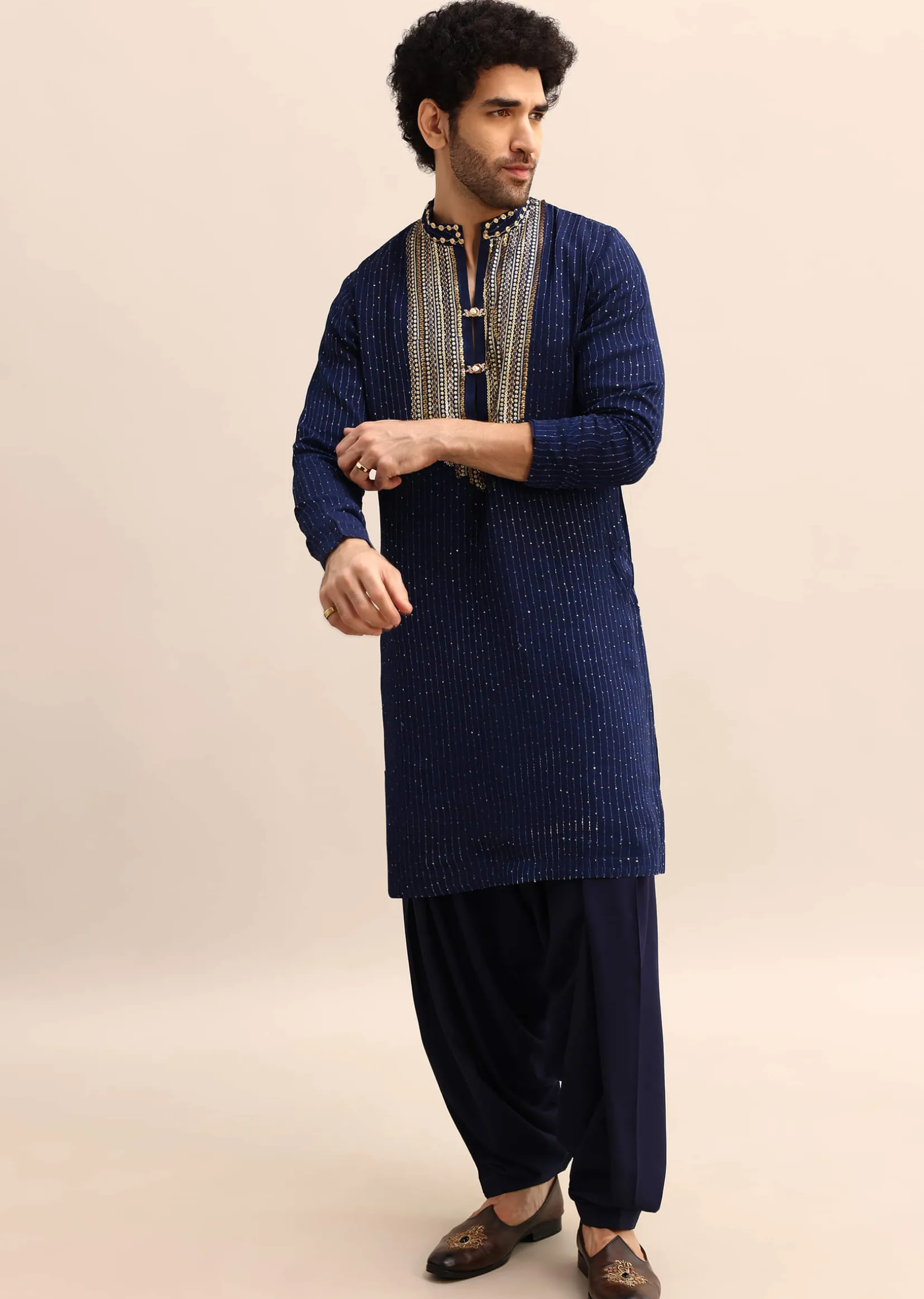 Navy Blue Gold Coin Work Kurta Salwar Set