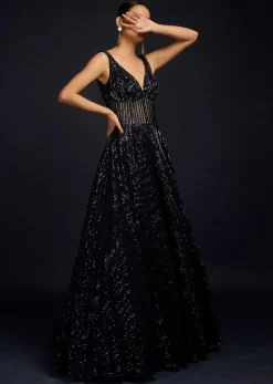 Navy Blue Gown Embellished In Sequins With Cut Dana Embellished Sheer Waist And Deep Sweetheart Neckline