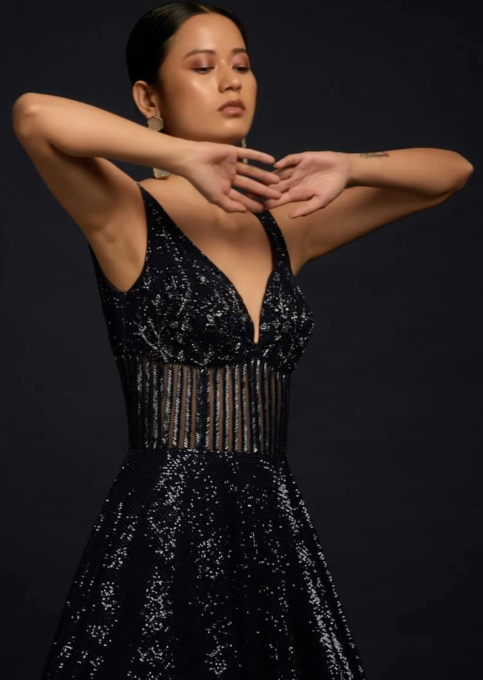 Navy Blue Gown Embellished In Sequins With Cut Dana Embellished Sheer Waist And Deep Sweetheart Neckline