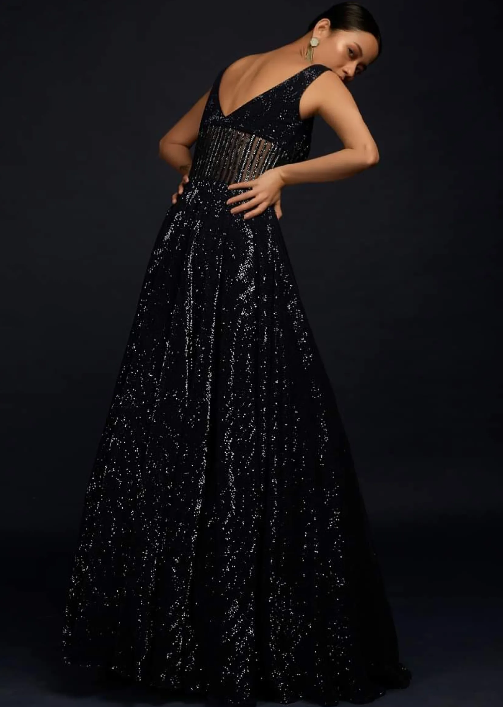 Navy Blue Gown Embellished In Sequins With Cut Dana Embellished Sheer Waist And Deep Sweetheart Neckline