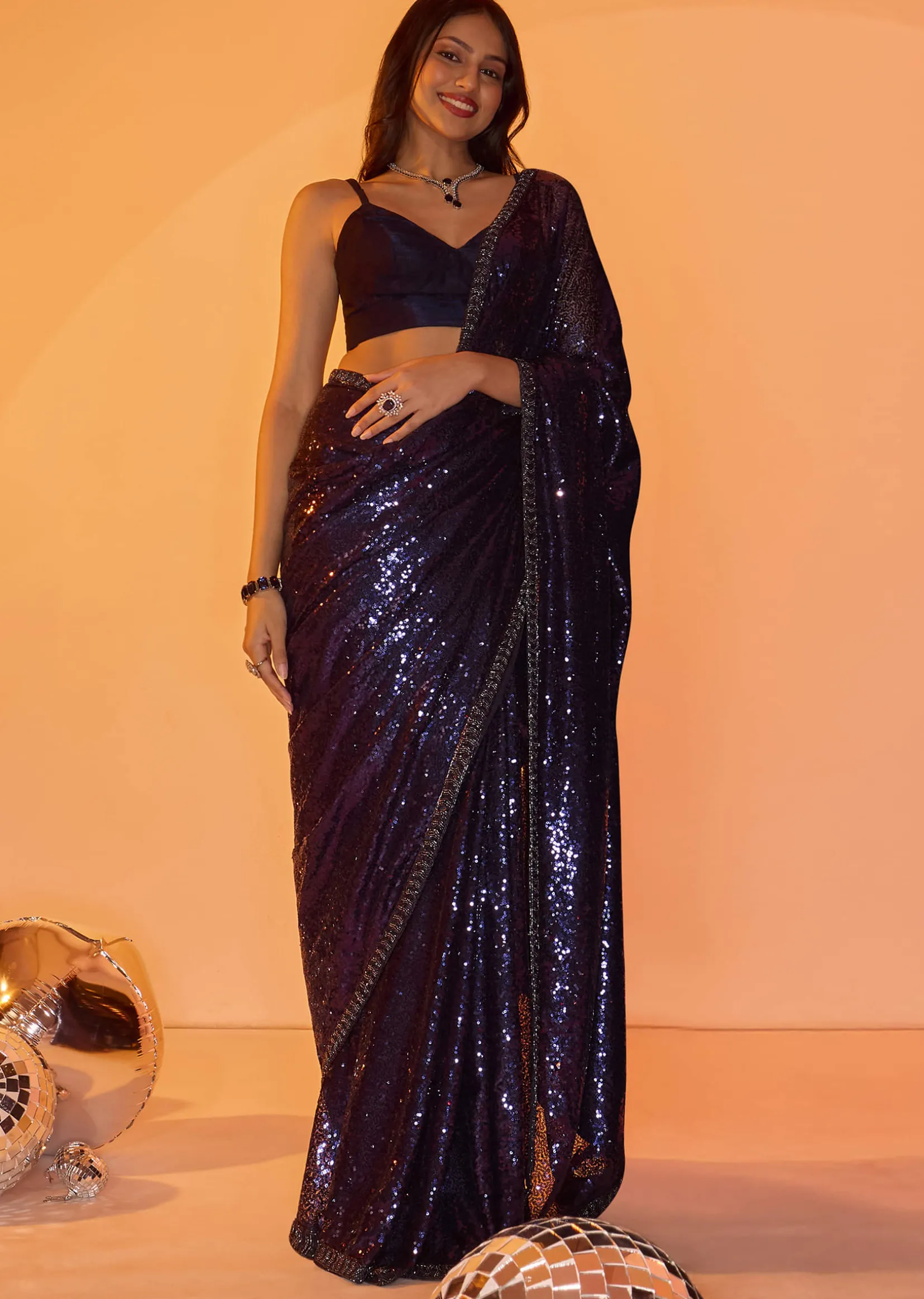 Navy Blue Heavy Sequins Saree