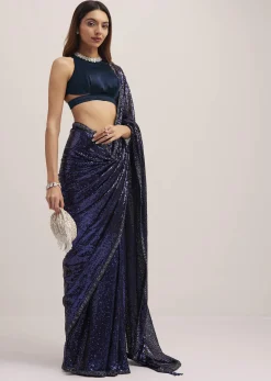 Navy Blue Heavy Sequins Saree