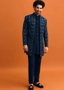 Navy Blue Indowestern Set With Hand Work For Men