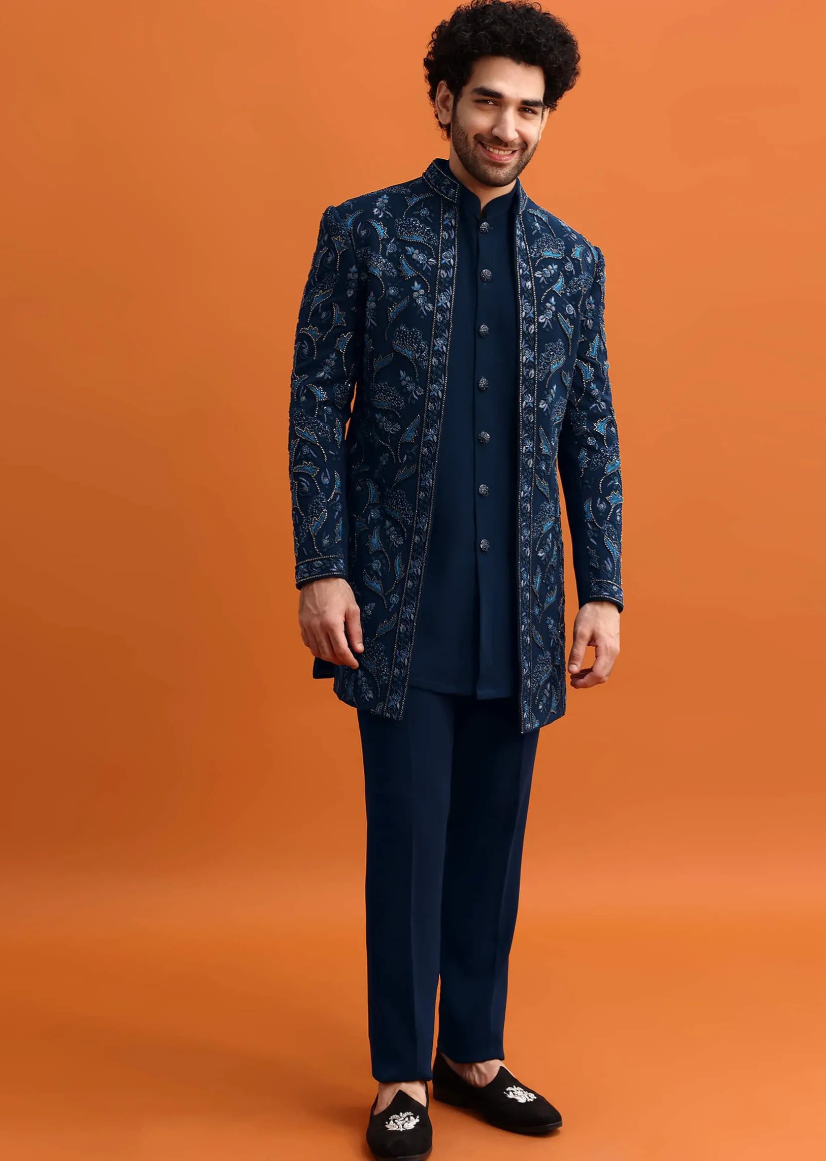 Navy Blue Indowestern Set With Hand Work For Men