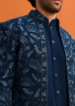 Navy Blue Indowestern Set With Hand Work For Men