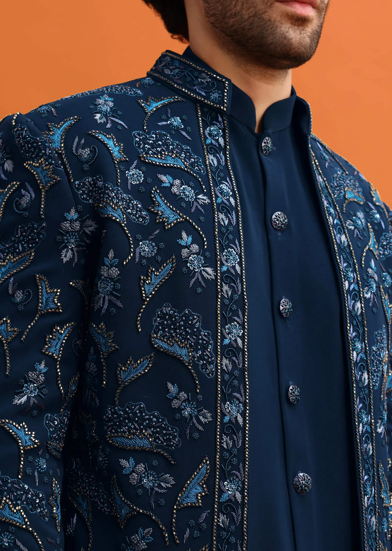 Navy Blue Indowestern Set With Hand Work For Men