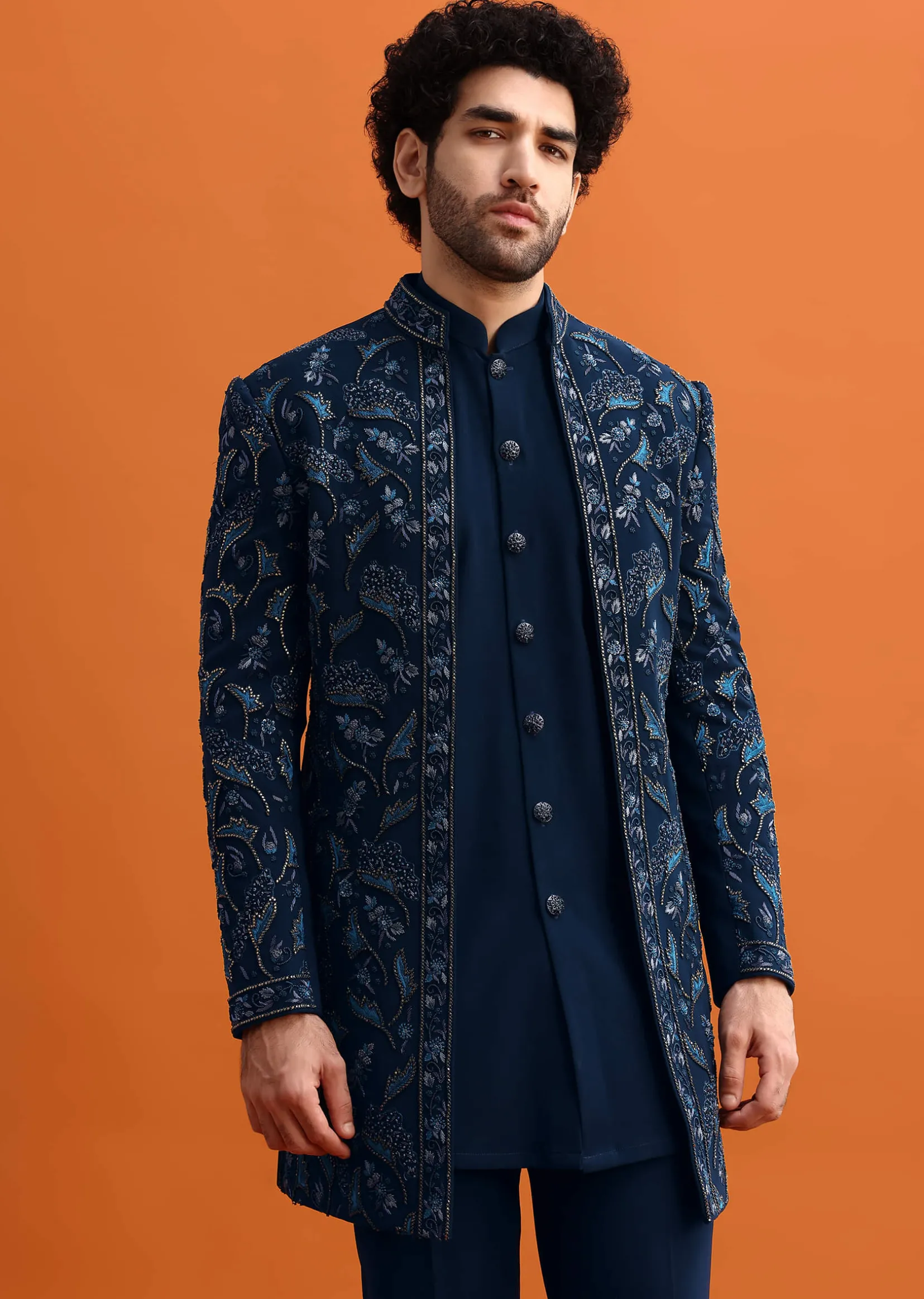 Navy Blue Indowestern Set With Hand Work For Men