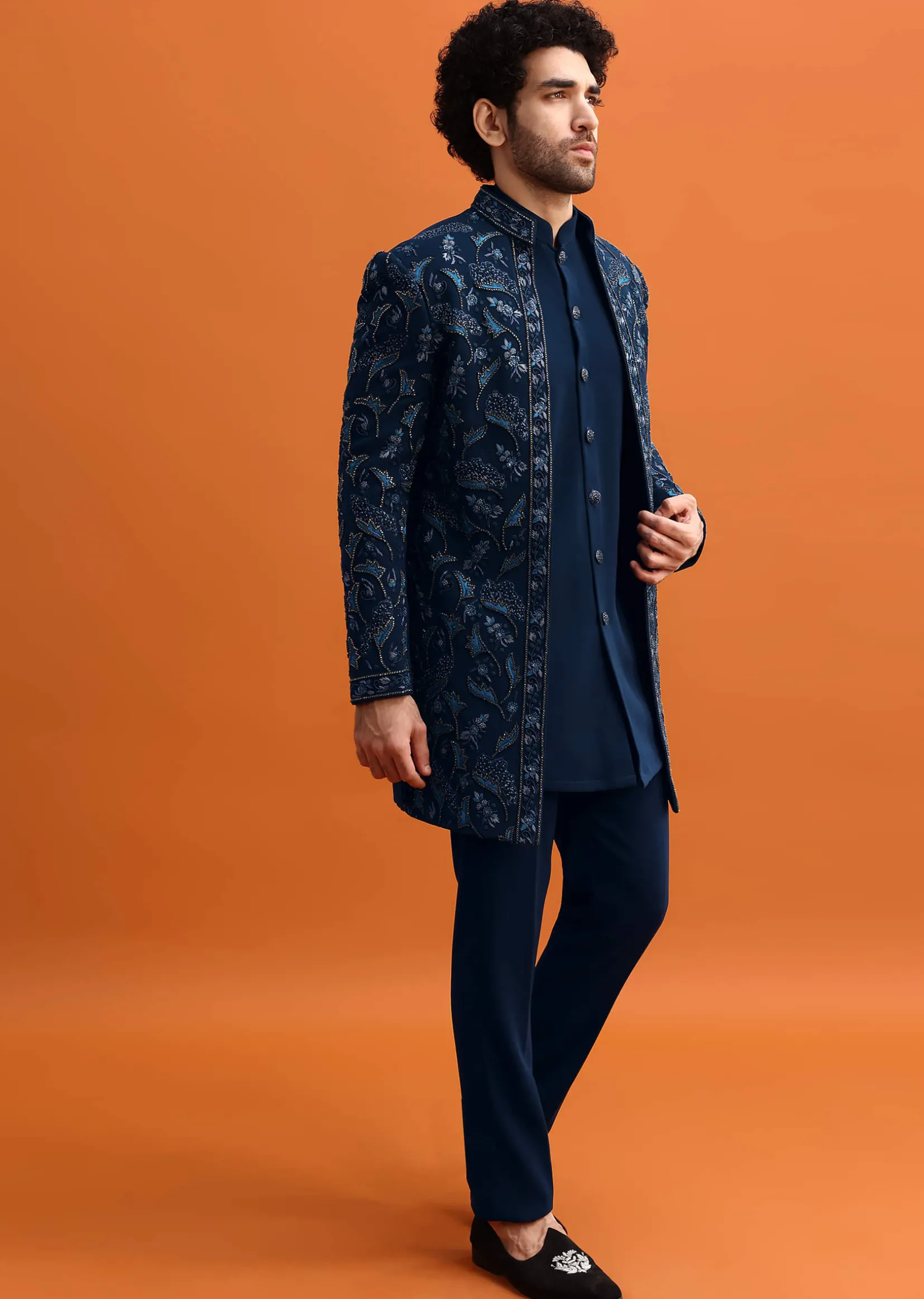 Navy Blue Indowestern Set With Hand Work For Men