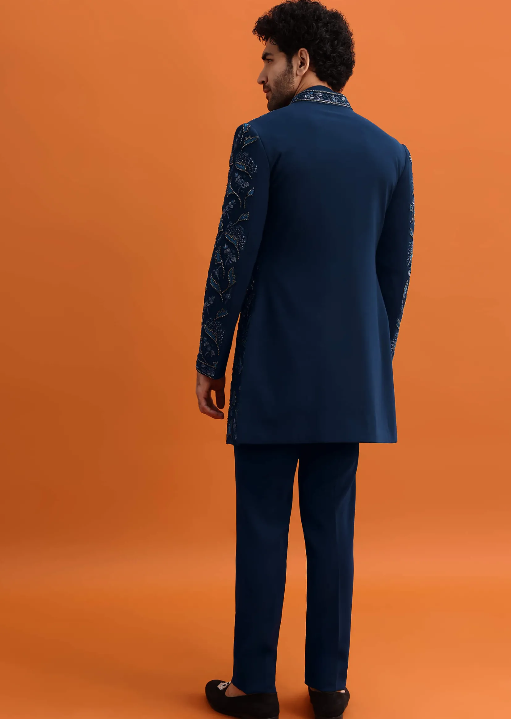 Navy Blue Indowestern Set With Hand Work For Men