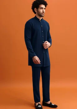 Navy Blue Indowestern Set With Hand Work For Men
