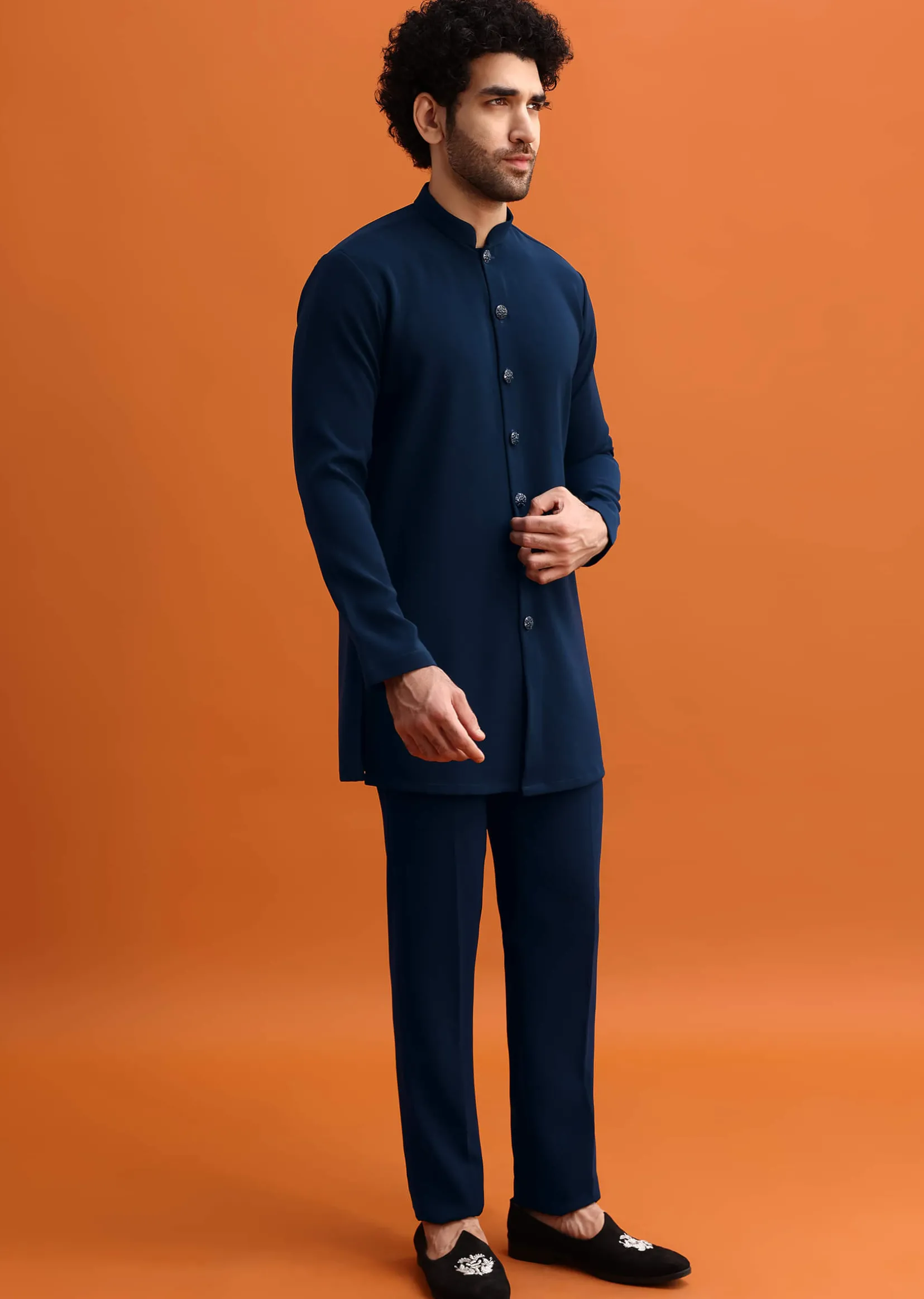 Navy Blue Indowestern Set With Hand Work For Men