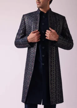 Navy Blue Indowestern Set In Dupion