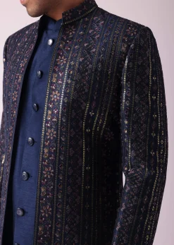 Navy Blue Indowestern Set In Dupion